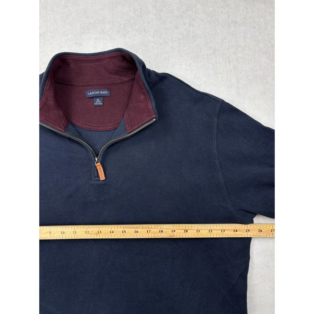 Lands End Mens XL Navy Blue‎ Cotton Quarter Zip Pullover Sweater Burgundy Trim